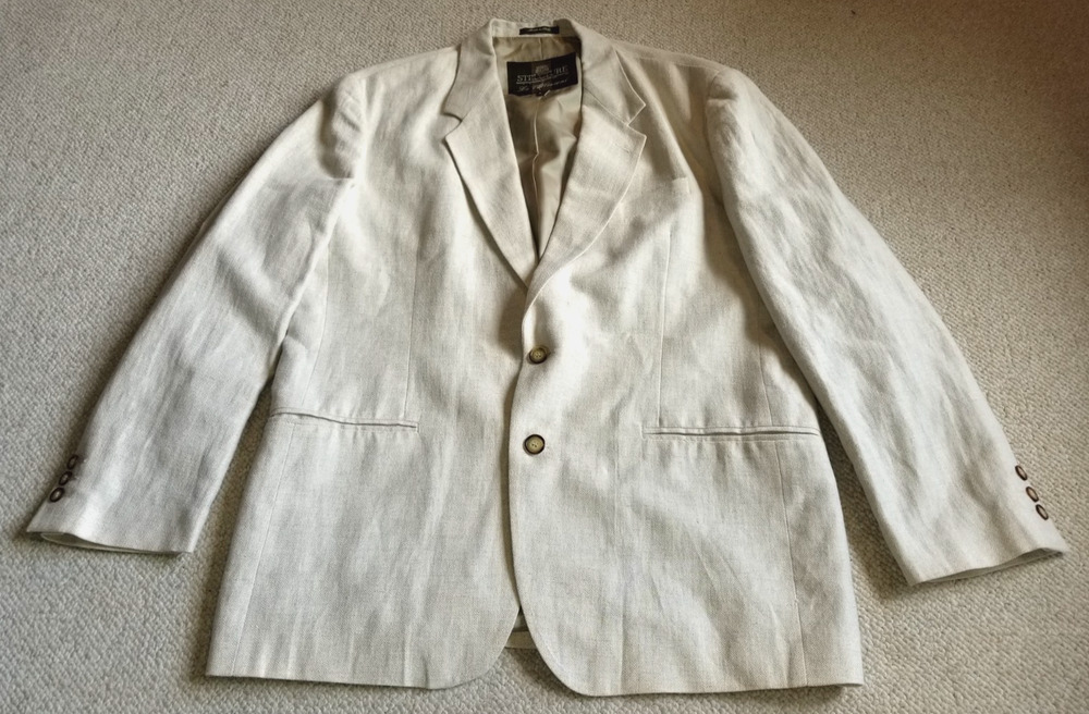 Mens Blazer-STRUCTURE-Italy-beige linen blend Sport Coat Coastal lined-L